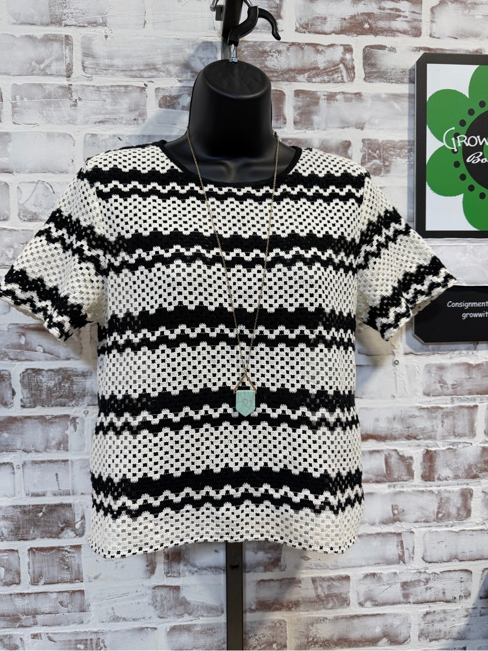 Evereve Black and White Crochet Knit Short Sleeve Top